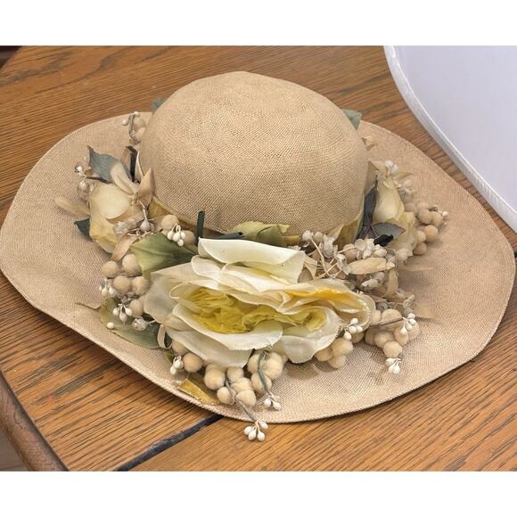 Vintage 1950s Bes-Ben Straw Wide Brim HAT w/Yellow Silk Velvet Flowers RARE - Picture 6 of 8